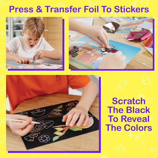 Craftikit ® Rainbow Adventure Foil Art & Scratch Art for Kids- 2-In-1 Arts and Crafts Kit for Kids Ages 4-10 - Rainbow Crafts for Boys Ages 4, 5,