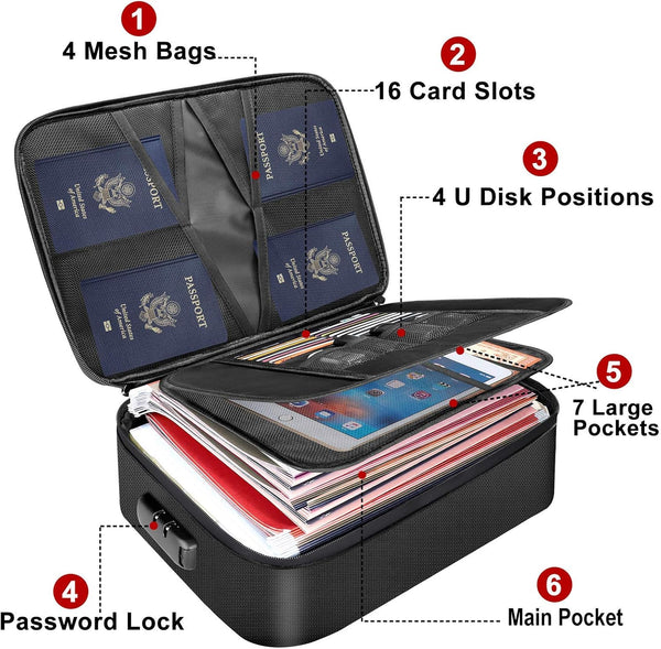 DocSafe Document Bag with Lock,Fireproof 3-Layer File Storage Case with Water-Resistant Zipper,Document Safe Portable Travel Home Organizer Bag