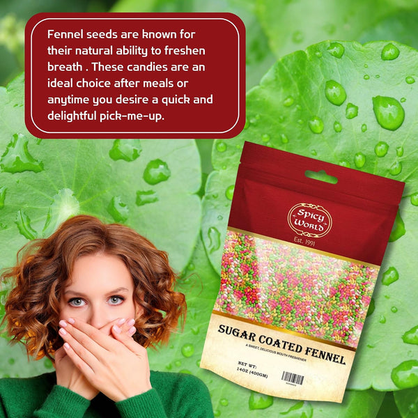 Spicy World Sugar Coated Fennel Seeds | Sweet Saunf Candy for Mouth Freshening - 14 Oz (400g) Pack | Premium Quality Fennel Mouth Freshener |
