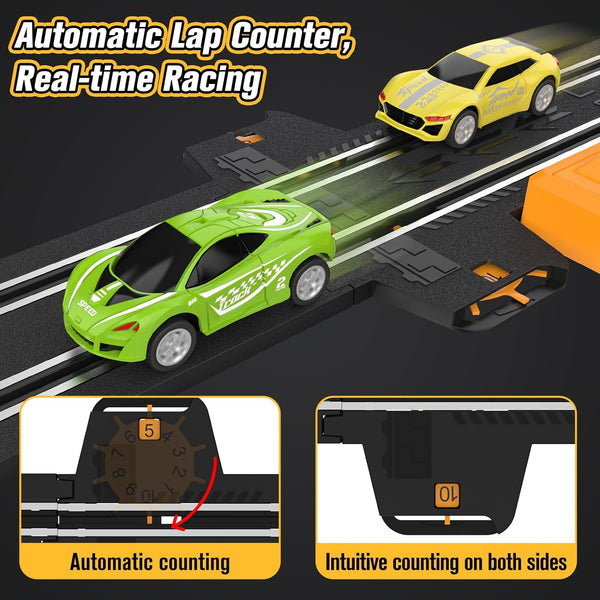 Slot-Car-Race-Track-Sets for Boys Kids, Battery or Electric Race Car Track with 4 High-Speed Slot Cars, Dual Racing Game 2 Hand Controllers