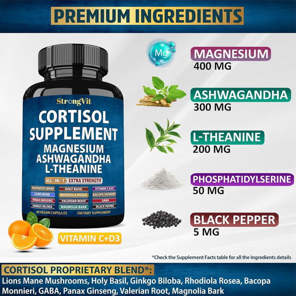 Cortisol Supplements for Women and Men with Magnesium, Ashwagandha & L-Theanine. High Cortisol Reducer, Manager, Detox, Lower and Control. Sleep