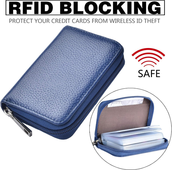 Easyoulife Genuine Leather Credit Card Holder Zipper Wallet With 26 Card Slots small Blue