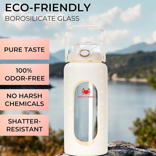 Leakproof Glass 64 Oz Water Bottle with Straw - Pregnancy Water Bottle Tracker, Suitable for Sports, Travel, Gym and Daily Intake