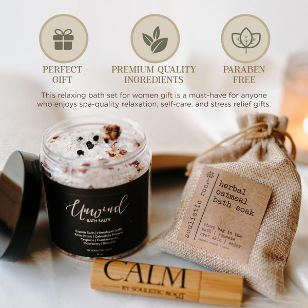 Relaxing Bath Gift Set, Luxury Spa Gifts for Women, Self Care Products for Women and Men, Calm Essential Oil Roller, Oatmeal Lavender Bath Soak &