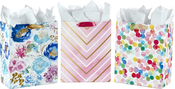 Hallmark 13" Large Gift Bags Assortment with Tissue Paper (Pack of 3: Floral, Chevron, Dots) for Birthdays, Mother's Day, Baby Showers, Bridal