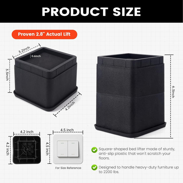 BTSD-home 3 Inch Bed Risers, Heavy Duty Furniture Risers for Under Bed Storage, Dorm, Sofa, Table, Chair and Desk, 4 Pack, Black 3 Inch Black 4 Pack