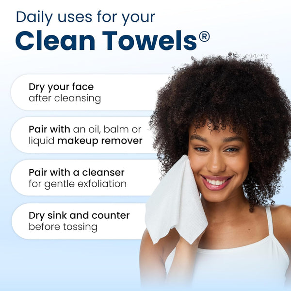 Clean Skin Club Clean Towels XL®, 100% USDA Biobased Face Towel, Disposable Face Towelette, Eczema Association Accepted, Makeup Remover Dry Wipes,