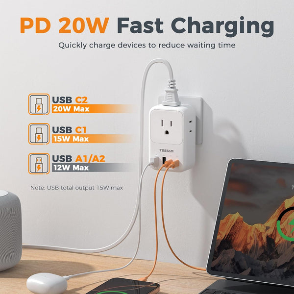 USB C Charger Block 20W PD, TESSAN Foldable Wall Charger with 4 USB Ports and 4 AC Outlet Extender, Multi Charging Station for Cruise, Home,