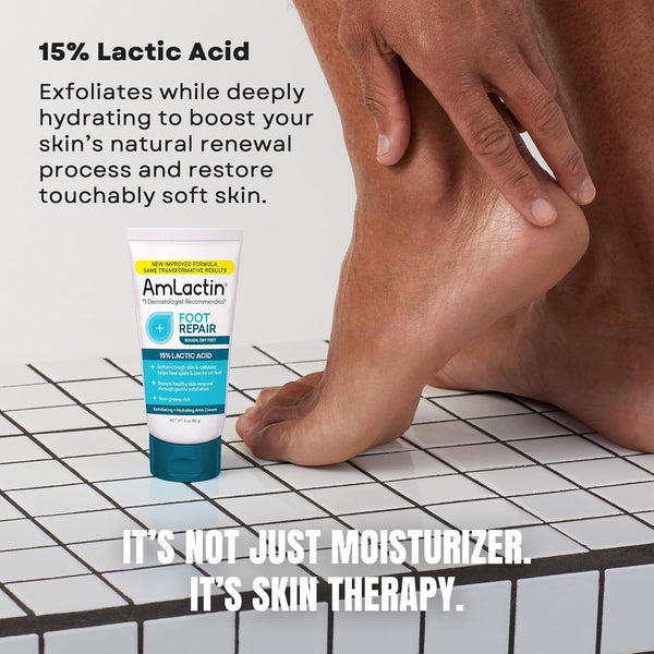 Amlactin Foot Repair Cream - 3 Oz Cream for Dry Cracked Heels with 15% Lactic Acid - Exfoliator and Moisturizer for Dry Skin (Packaging May Vary)