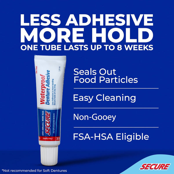 Secure Denture Adhesive Cream for Uppers, Lowers & Partials – Waterproof Seal & Zinc Free – Food Grade Ingredients - Less Adhesive, More Hold -
