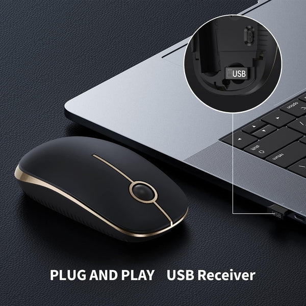 Vssoplor Wireless Mouse, 2.4G Slim Portable Computer Mice with Nano Receiver for Notebook, PC, Laptop, Computer (Black and Gold)