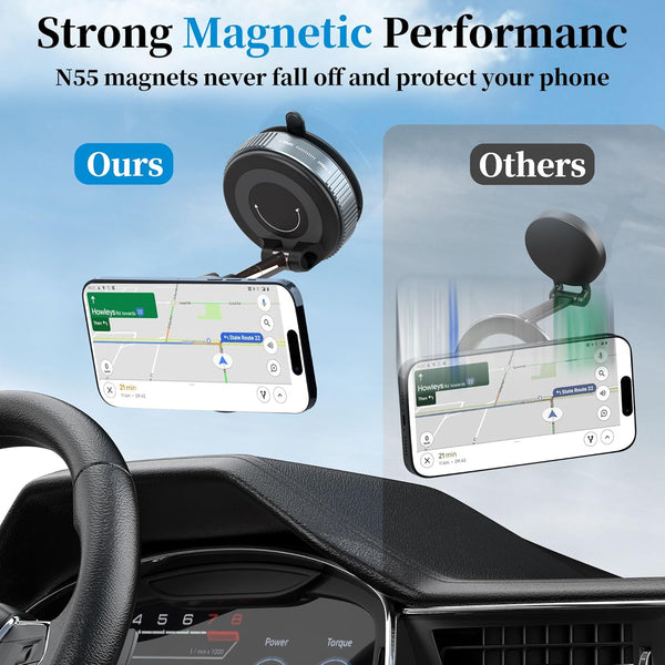 Plusacc Vacuum Magnetic Phone Holder for Car - Suction Cup Phone Mount 360ÃÂ° Rotatable Foldable Portable Strong Magnet Stand for Iphone 16/15/14/13