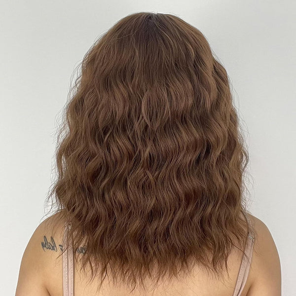 Brown Wig with Bangs for Women Short Natural Wavy Light Brown Wigs for Women Synthetic Brown Curly Bob Wig for Daily Use