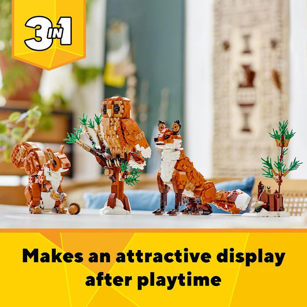 LEGO Creator 3 in 1 Forest Animals Red Fox Toys - Building Toys for Kids, Boys & Girls, Ages 9+ - W/ 3 Building Options into Fox, Owl, or Squirrel