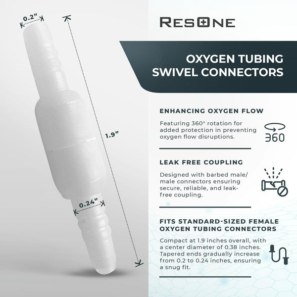 ResOne Oxygen Tubing Swivel Connector, 5‑Pack – 360° Rotating O2 Hose Coupler for Standard Oxygen Tubing, Leak‑Resistant Barbed Design,