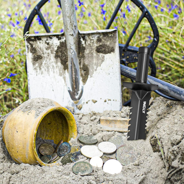 INCLY Metal Detector Shovel, Heavy Duty Double Serrated Edge Digger, Detecting Digging Tool with Sheath for Belt Mount, Gardening & Detecting
