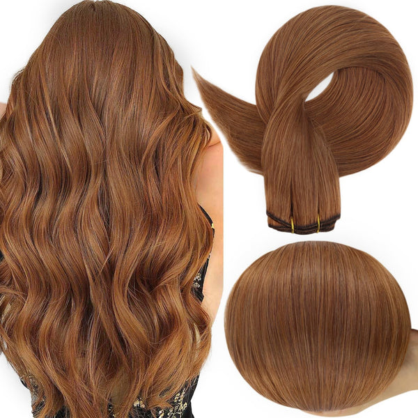 Full Shine 14 Inch Weft Hair Extensions 100G Copper Brown Remy Human Hair | Machine Tied Weft, Sew In Hair Extensions, Copper Brown Shade,
