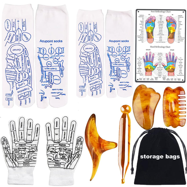 Reflexology Socks with Gloves Tools Set, Foot Massager Socks with 4Pc Massage To