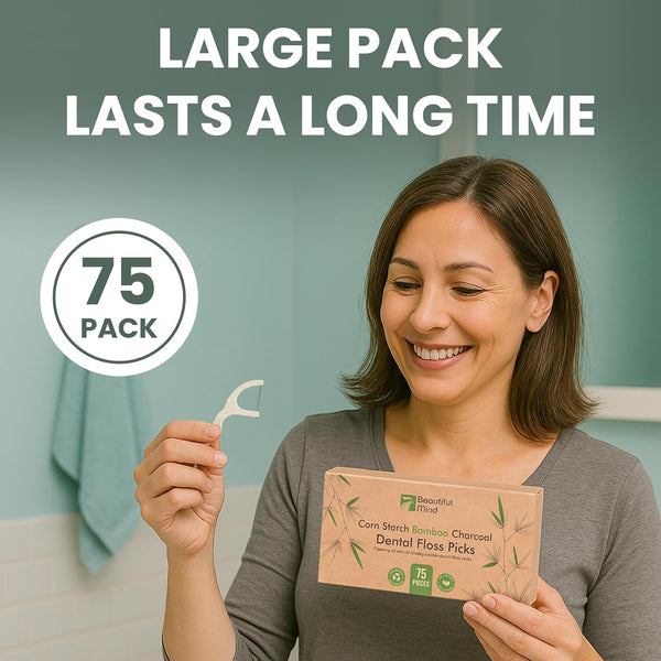 Natural Dental Floss Picks 75 Pack – Organic Biodegradable Floss Sticks with Strong Bamboo Charcoal Thread & Vegan Cornstarch Handle – No