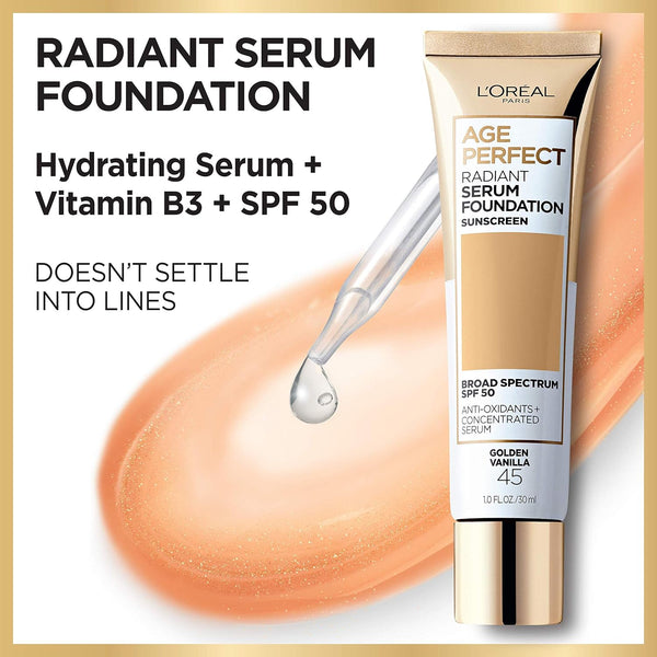 L'Oreal Paris Age Perfect Radiant Serum Foundation with SPF 50, Rose Ivory, 1 Ounce Rose Ivory 1 Fl Oz (Pack of 1)