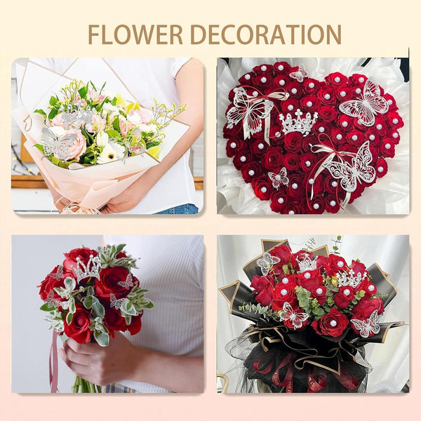 Flower Bouquet Accessories Including 4Pcs Crown Cake Topper Mini Tiara,12 Butterfly Decorations and 50Pcs Bouquet Pins for Birthday Wedding Silver