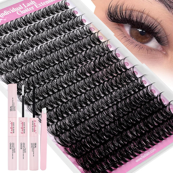 FADLASH DIY Lash Extension Kit Individual Lashes Cluster D Curl Eyelash Extension Kit with Lash Bond and Seal and Lash Applicator Tool for Self