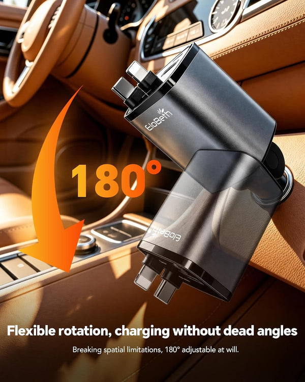 Retractable Car Charger for iPhone 18 Pro,75W Car Charger USB C Fast Charge Gray-Cord for Apple+Type C