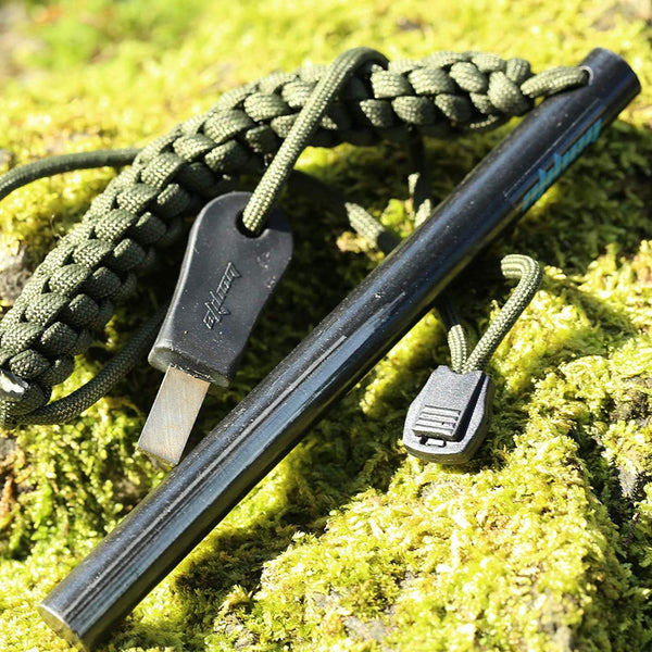 6" Survival Ferro Rod Drilled Flint Fire Starter and Striker Kit | 1/2 x 6 Inches Large with Striker-Pro Striker Paracord Landyard Handle for