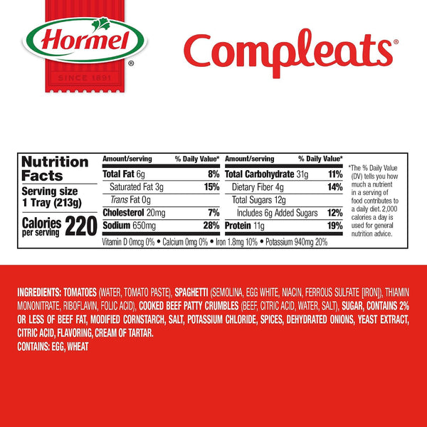 HORMEL COMPLEATS Spaghetti & Meat Sauce Microwave Tray, 7.5 oz. (7 Pack) Spaghetti with Meat Sauce