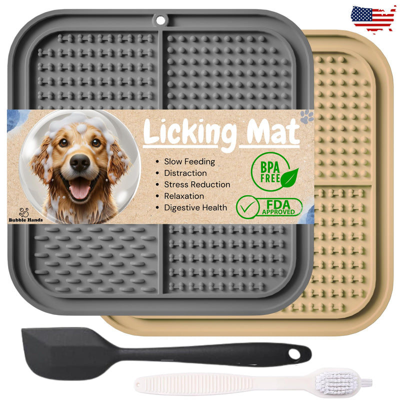Dog Lick Mat - 2 Pack Slow Feeder for Dogs & Cats to Keep Them Busy Ideal for Grooming & Bathing - Anxiety Relief & Calming Beige & Gray