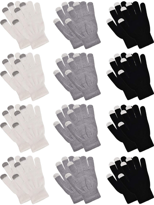 Pangda 12 Pairs Winter Touch Screen Gloves for Men Women Stretch Knitted Texting Gloves Warm Windproof Solid Color Mittens Black, White, Gray