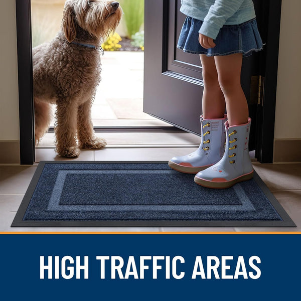 OLANLY Front Door Mat Outside 29.5x17, All-Season Heavy-Duty Rubber Doormat Blue Classic Border Rectangular 29.5" x 17"