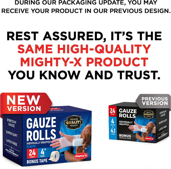 24 Gauze Rolls - 4" x 4.1yd - Soft and Breathable Rolled Gauze - Latex-Free Premium Individually Wrapped Bandages with Bonus Tape - First Aid