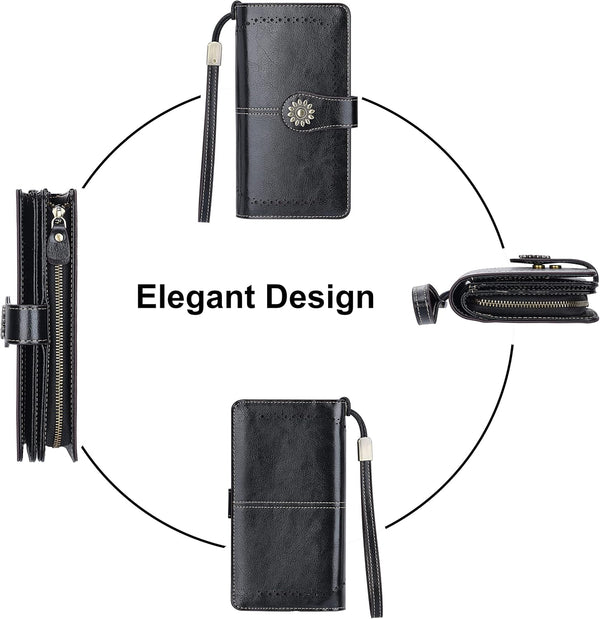 Lavemi Womens Large Capacity Genuine Leather RFID Blocking Wallets Wristlet Clutch Card Holder 1-waxed Black