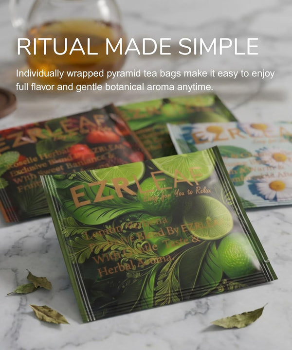 EZR LEAF Pura Caffeine-Free Herbal Tea Collection, 22ct Pyramid Tea Bags, Floral & Fruit Tea Gift Set with Lemon Verbena, Chamomile Mint,
