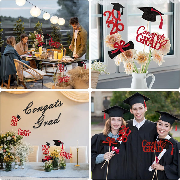 20 PCS Graduation Decorations Class of 2025, Black and Red Double-Sided Centerpieces, Grad Cap Sticks, Table Toppers, Graduation Party Decorations