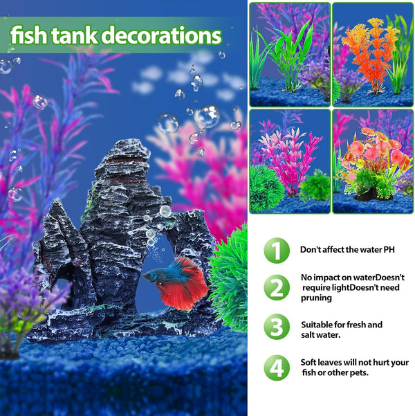 Cousduobe 13Pcs Aquarium Plants Cave Rock Decor Set& Fish Tank Artificial Plasticplants,Fish Tank Accessories Small Large Aquarium Decorations Kit