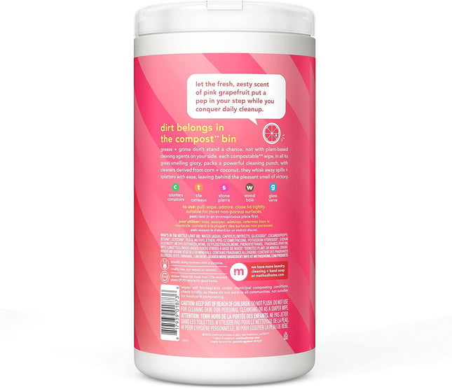 Method All-Purpose Cleaning Wipes, Pink Grapefruit, Multi-Surface, Compostable, 