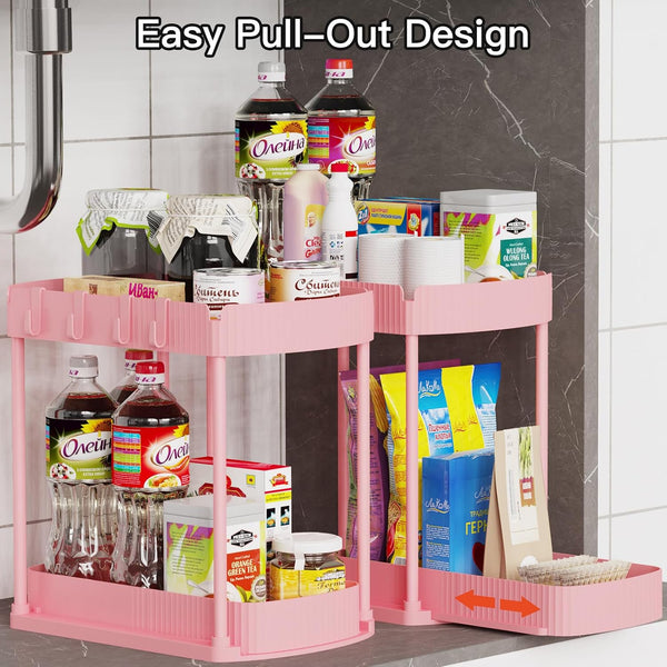 Ukeetap 2 Pack Multi-Purpose Pull-Out Storage Organizers, Under Sink & Cabinet Organizers, 12.8 Inch Pink Pink 12.8 Inch