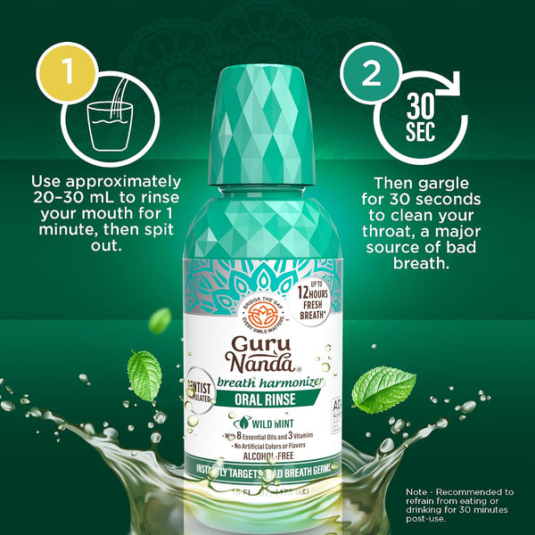 GuruNanda Oral Rinse Fresh Breath Mouthwash, ADA-Accepted Alcohol-Free Mouthwash, 7 Essential Oils & Vitamins, SLS & Flouride-Free, Wild Mint, 16
