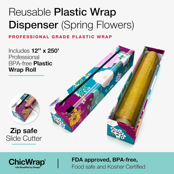 Chicwrap Spring Flowers Refillable Plastic Wrap Dispenser - One 12" x 250' Roll of Professional Grade Plastic Wrap - BPA Free and Kosher Certified