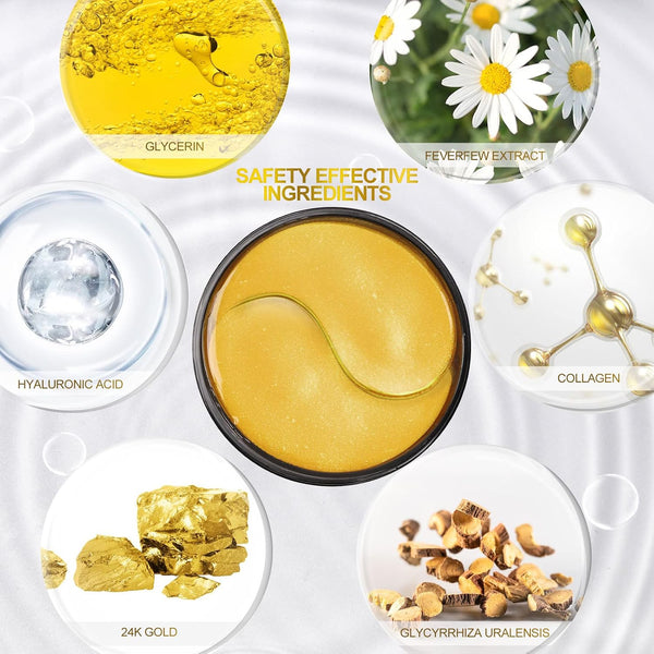 Fivewan 24k Gold Under Eye Patches - 60 Pcs Eye Mask Pure Gold Anti-Aging Collagen Hyaluronic Acid Under Eye Mask for Removing Dark Circles,