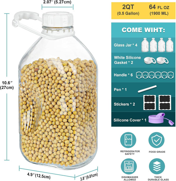 Ritayedet 4 Pack 64 Oz Heavy Duty Glass Milk Bottle with 1 Silicone Spout and 5 Reusable Airtight SCREW LID, 2 Qt Glass Water Bottle with 2 Exact