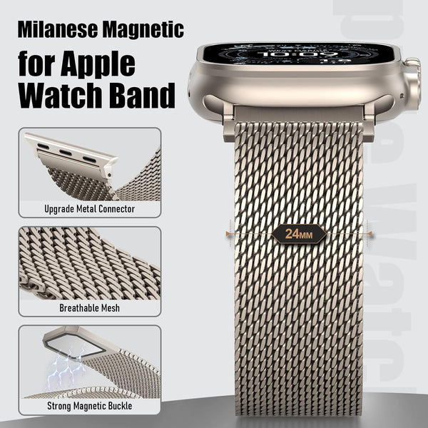 BXUXOHS Milanese Loop for Apple Watch Ultra 2/3/4 Band 49/46/45/44/42mm Men 03- Natural Titanium 49/46/45/44/(42mm: S3/2/1)