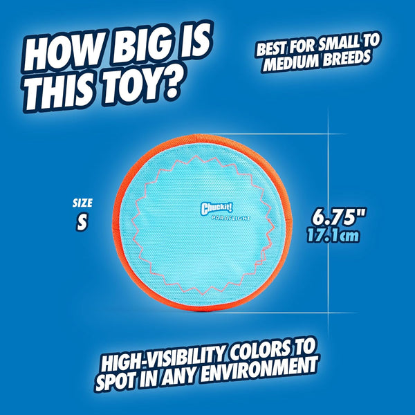 Chuckit! Paraflight Flying Disc Dog Toy, Water Floating, Small 6.75 Inch | Soft rubber edges, durable nylon build, easy to grip and throw, suited