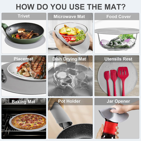 LekDrok 10 Inch Microwave Food Cover & Collapsible Silicone Mat - Splatter Guard, Plate Holder & Kitchen Colander for Meal Prep, Charcoal Cover+10"Mat