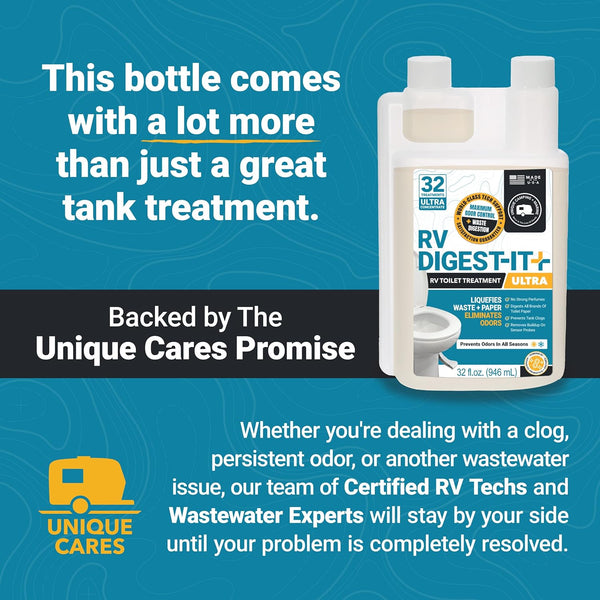 Unique RV Digest-It+ Extra-Strength Ultra-Concentrate - 32 RV Toilet Treatments - Eliminates Smells and Liquifies Waste (32 Oz)
