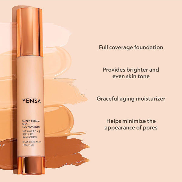 YENSA Serum Foundation Makeup - Super Silk Full Coverage Foundation Enriched with Peptides, Vitamin C & Ferulic Acid to Help Reduce Fine Lines,