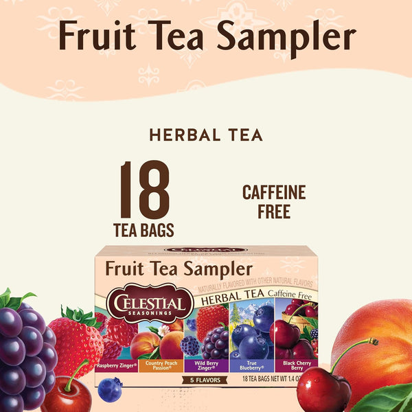 Celestial Seasonings Fruit Tea Sampler Herbal Tea Variety Pack, Caffeine Free, 18 Tea Bags per Box