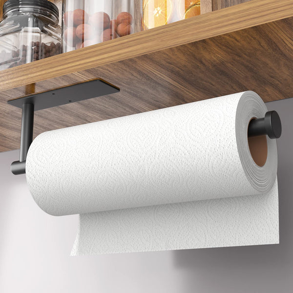 Paper Towel Holder - Self-Adhesive or Drilling, Matte Black Wall Mounted Rack - SUS304 Stainless Steel Kitchen Roll Dispenser under Cabinet